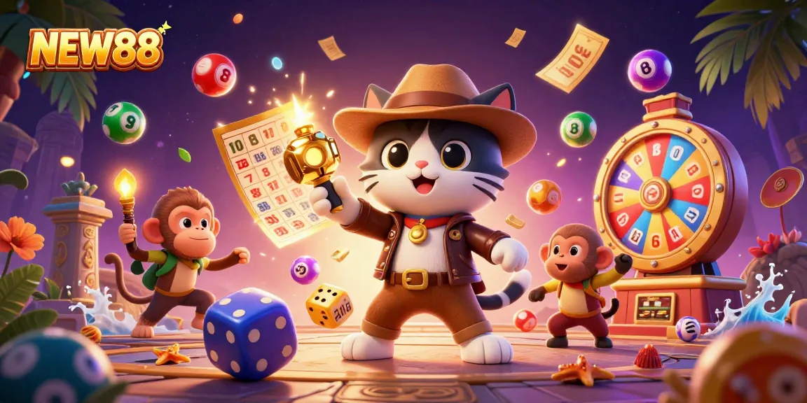 Engage with NEW88's vibrant gaming atmosphere while exploring exciting casino artifacts in this dynamic scene.