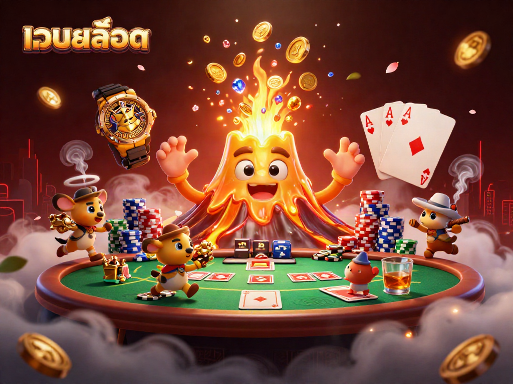 Experience thrilling action with เว็บสล็อต and a golden volcano erupting treasure in this vibrant casino scene.