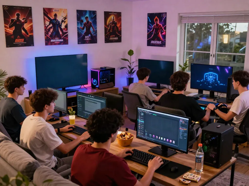Dynamic gaming session with players engaged on A80 platform in cozy setting