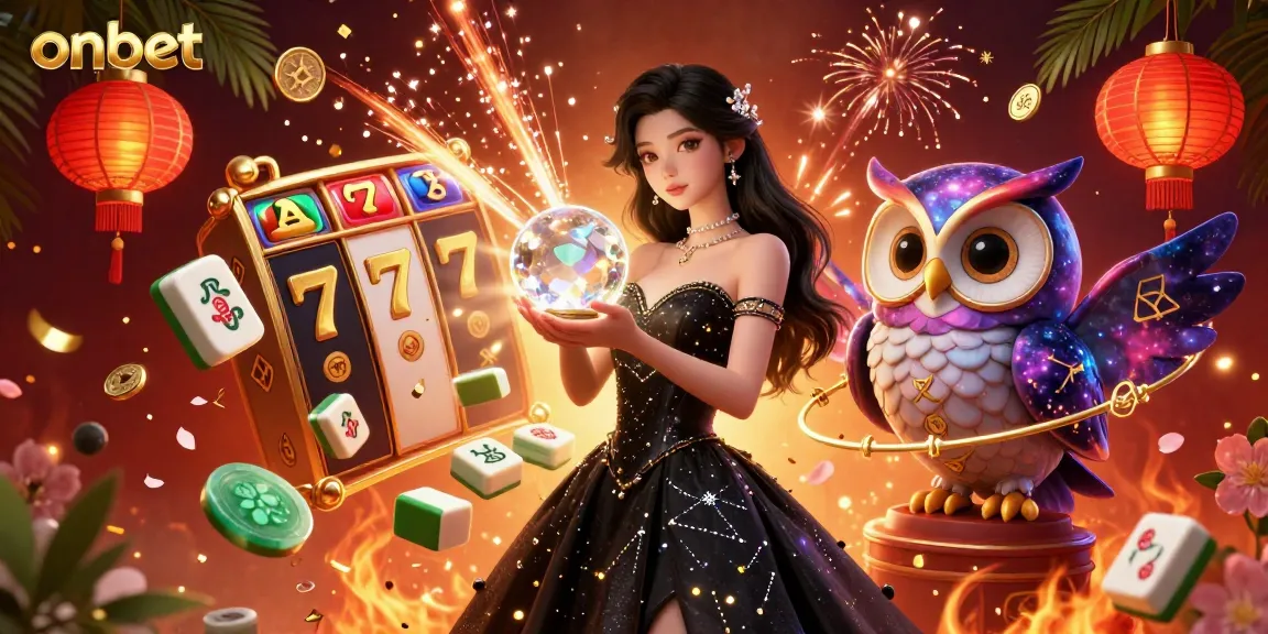 Experience excitement with onbet’s vibrant online casino scene featuring a magical woman, animated owl, and dynamic game elements.
