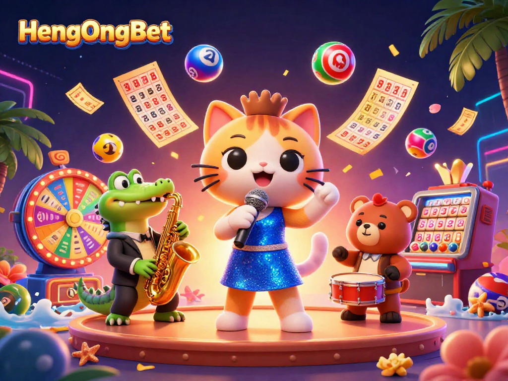 Experience thrilling wins with HengOngBet in a vibrant casino scene with lively characters.