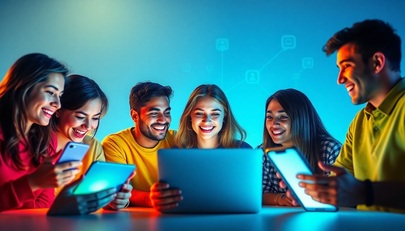 مشهد تفاعلي لشات عربي يعرض أفراداً متنوعين يتواصلون عبر أجهزة رقمية، مع التركيز على المجتمع والمحادثة.