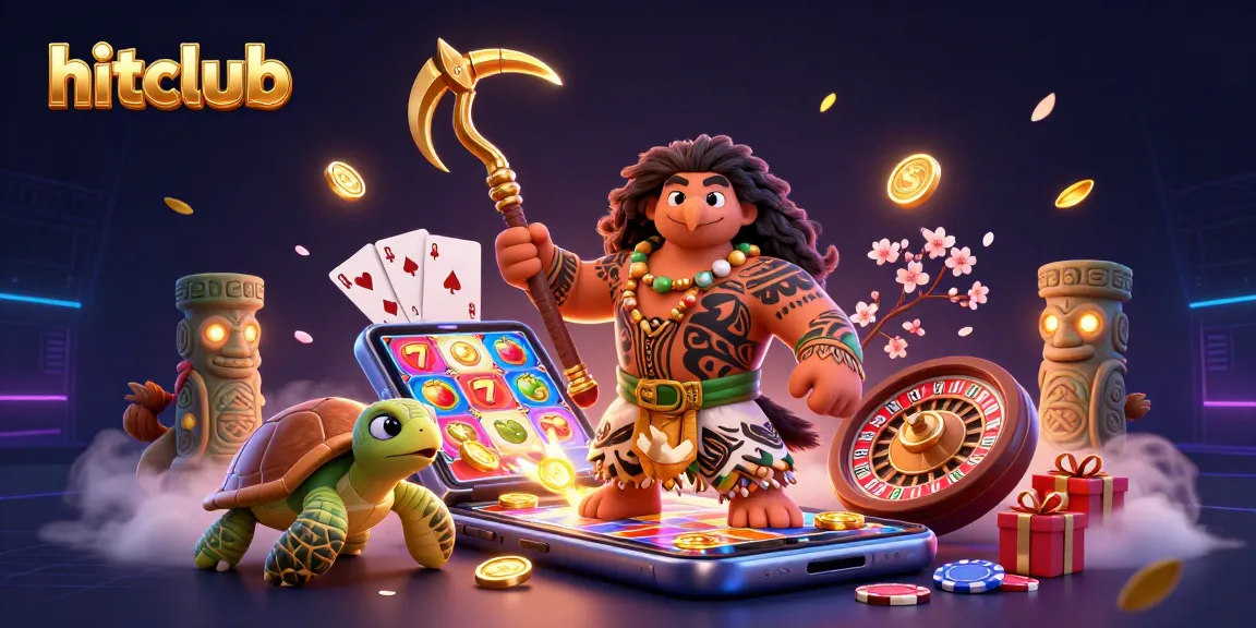 Spin the reels at hitclub with a cartoon demigod, vibrant slot games, and lucky symbols.