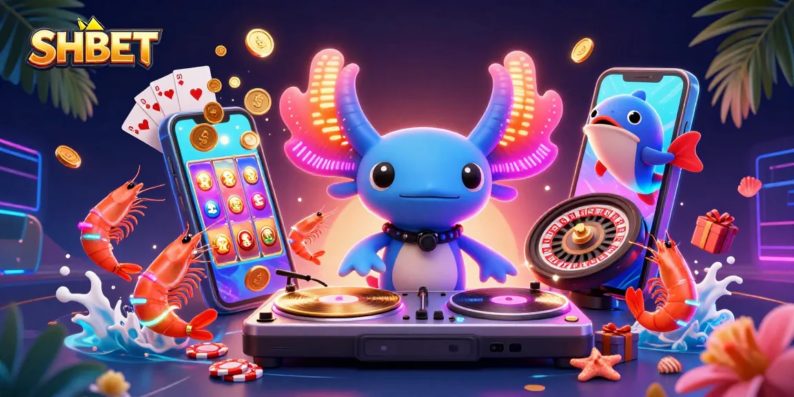 SHBET casino experience with vibrant characters, slot games, and festive elements in an underwater scene.
