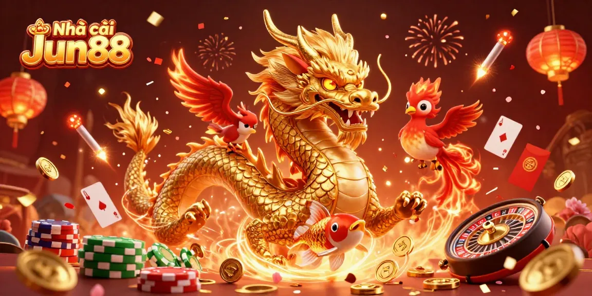 Experience thrilling gaming action at Nhà cái Jun88 with detailed casino characters and festive elements.