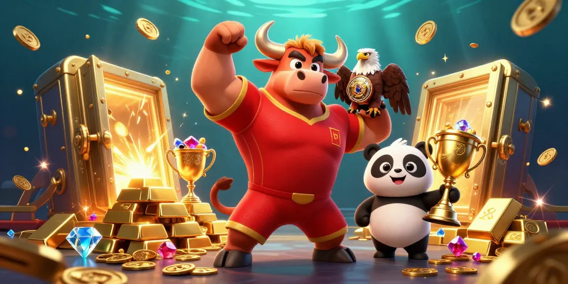 rr88 celebrates big wins in a vibrant casino scene with a bull mascot, eagle, and panda trophy holder.
