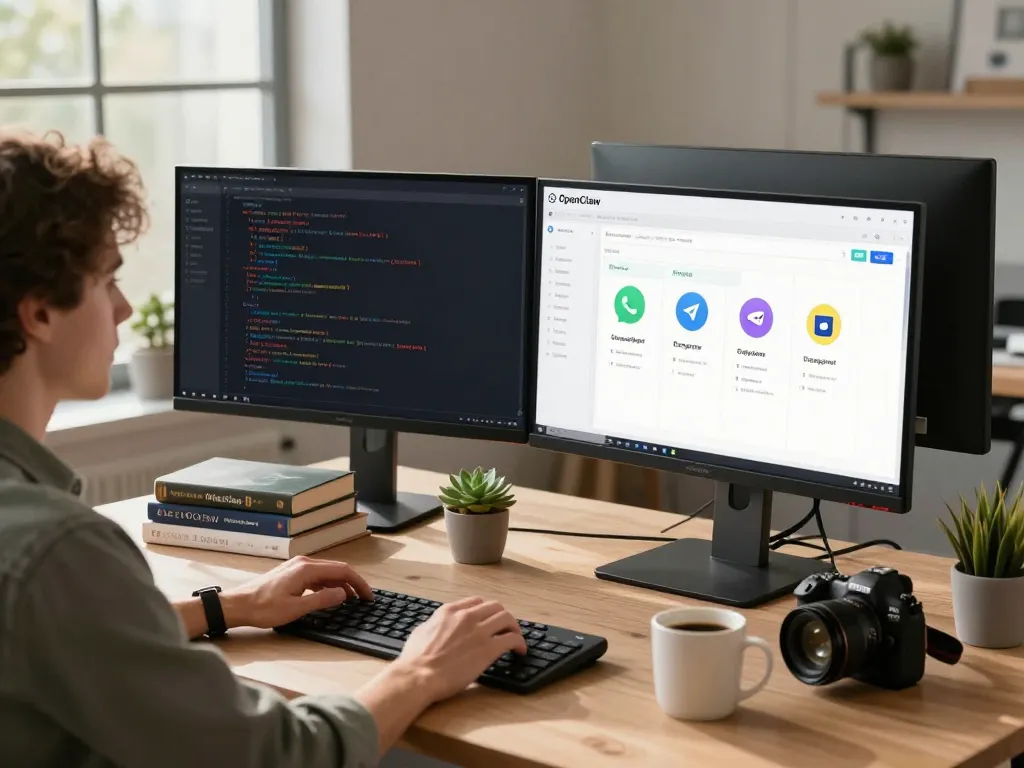 Engaged user interacting with OpenClaw AI assistant interface on multiple screens.