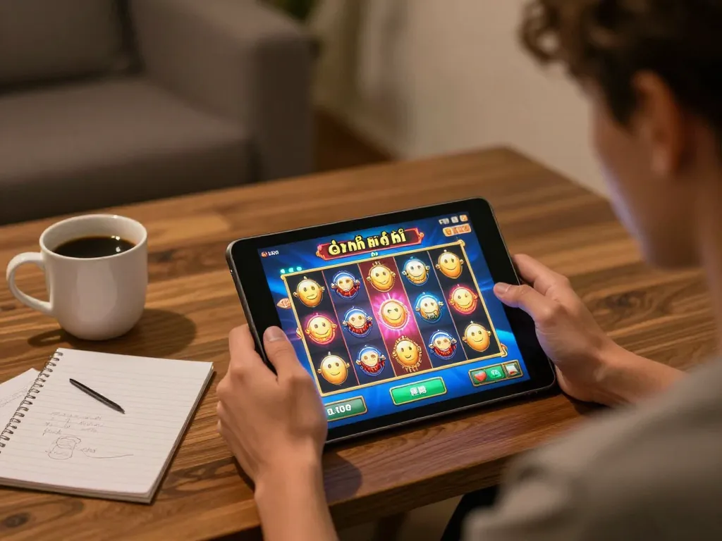 Engaged player enjoying game nổ hũ on tablet in a cozy setting with notes and coffee.
