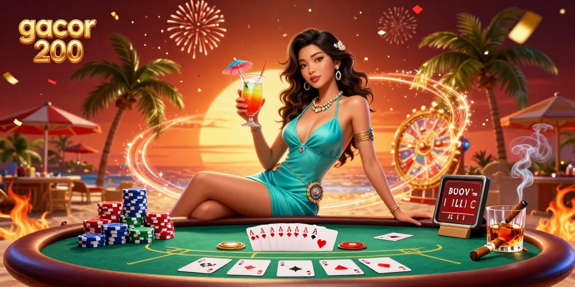Experience excitement and win with gacor 200 in a vibrant beach casino scene featuring live gameplay.
