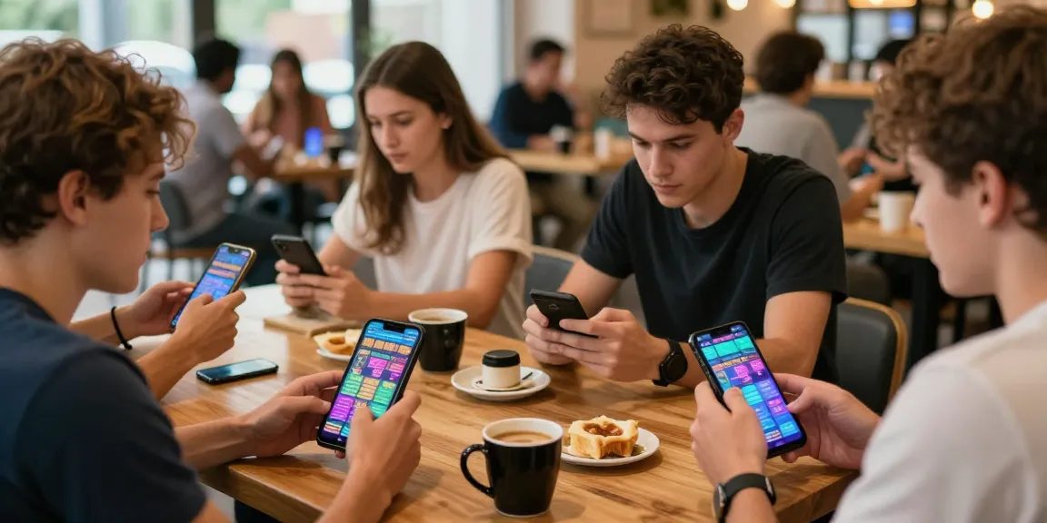 People engaged in mobile betting at a café, highlighting esports da sorte paraguay's convenience.