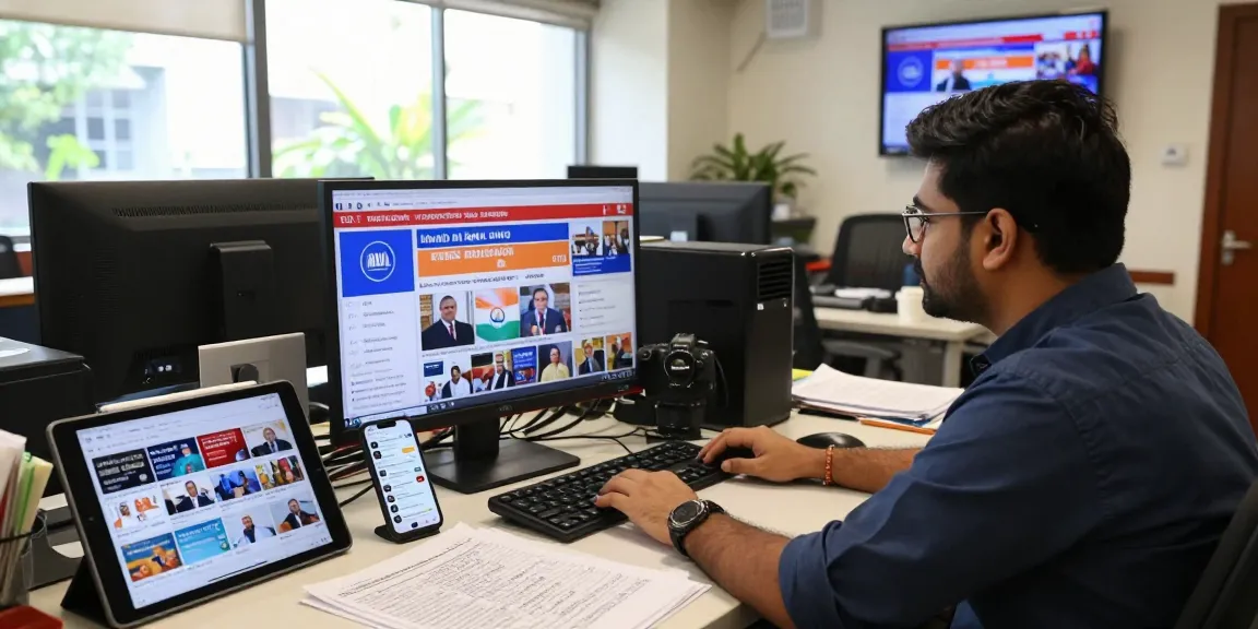 Journalist on https://www.theindaily.com covering India's latest news in a vibrant editorial office.