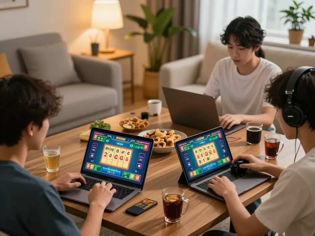 Players enjoying an engaging game of xóc đĩa on laptops in a cozy home setting, highlighting online gambling excitement.