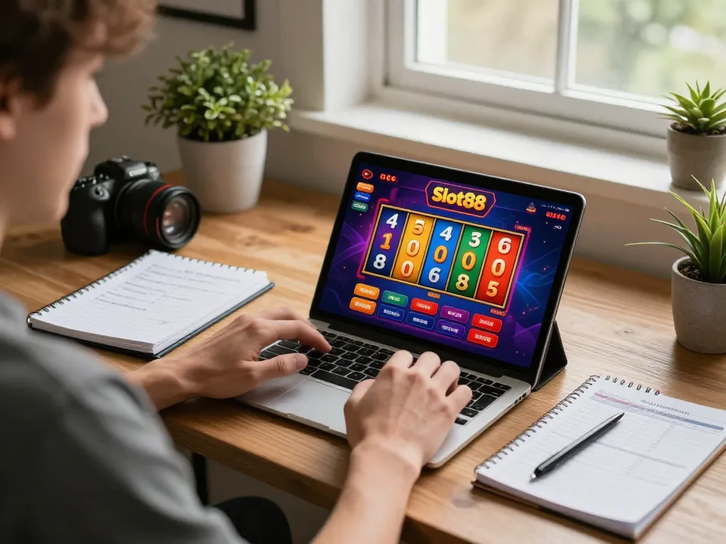 Engaged player enjoying Slot88 on a tablet in stylish home workspace, highlighting online gaming strategy