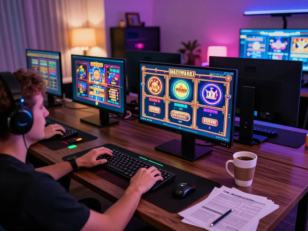 Engaged player experiencing slot gacor thrills at home gaming setup with multiple screens.