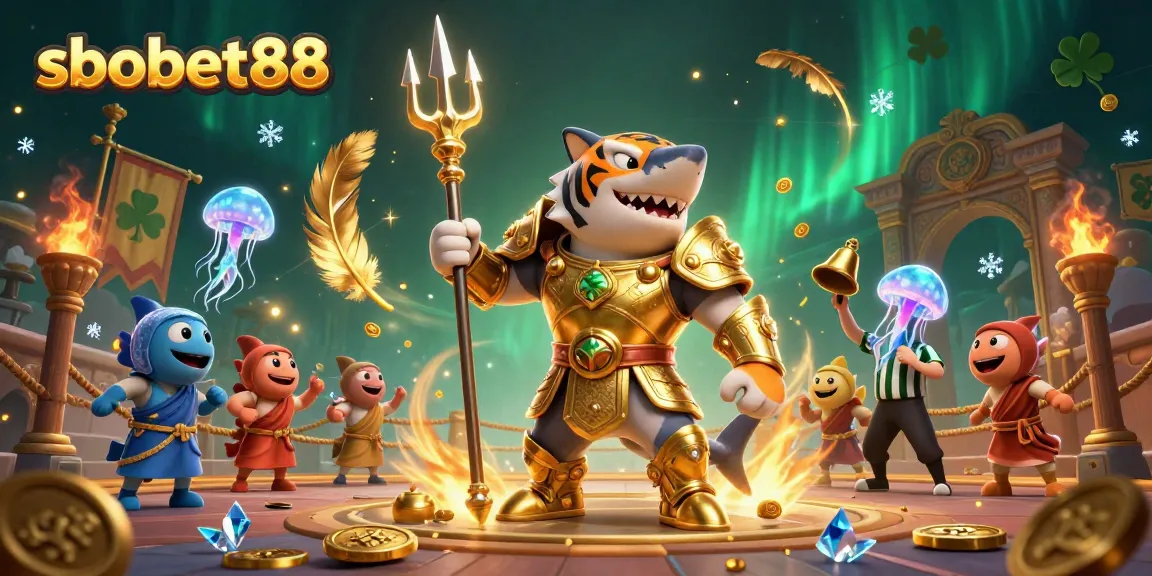 Engage in thrilling sports betting action with sbobet88, as a golden tiger shark battles in an underwater arena.