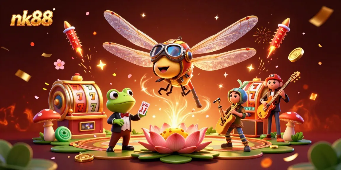 Witness nk88's exciting dragonfly pilot at a lively lily pad casino surrounded by cards and slot reels.