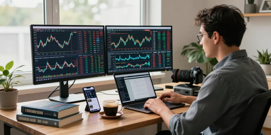 Analisis pasar oleh kakakjudi di ruang kerja modern dengan banyak layar dan alat trading.