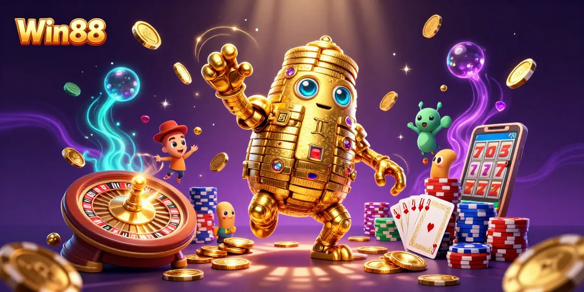 Win88 captivates players with exciting slot machine action amid a lively 3D casino scene.