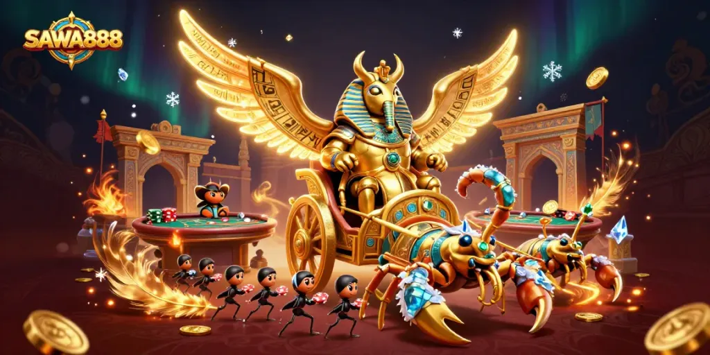 Engage with SAWA888 in a vibrant poker scene featuring a colossal scarab beetle and scorpions.