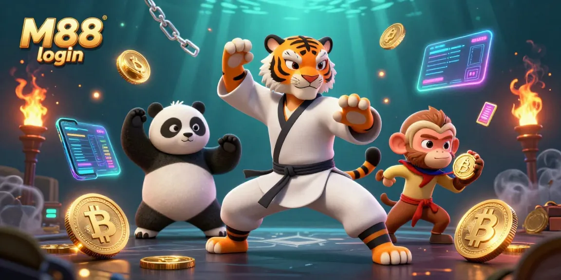 Engage with M88 login featuring a dynamic casino scene with kung fu tiger, panda, and monkey amidst crypto elements.