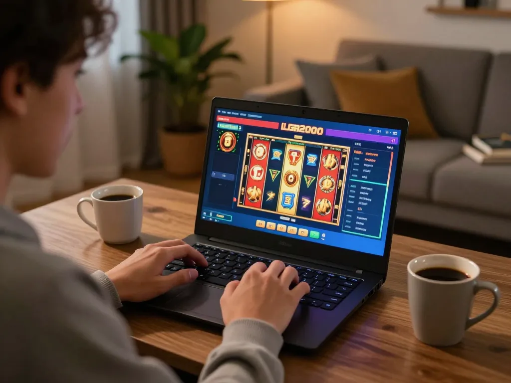 LIGA2000 player engaging in a thrilling online slot game at home, showcasing vibrant gaming interface and cozy atmosphere.