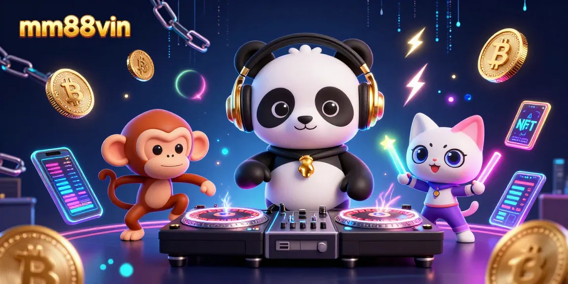Engage with mm88vin's vibrant casino world featuring a DJ panda, breakdancing monkey, and glow-stick kitten.