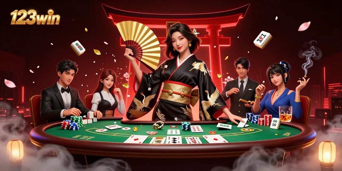 Experience thrilling moments at 123win with an elegant Asian woman in a dynamic casino scene.