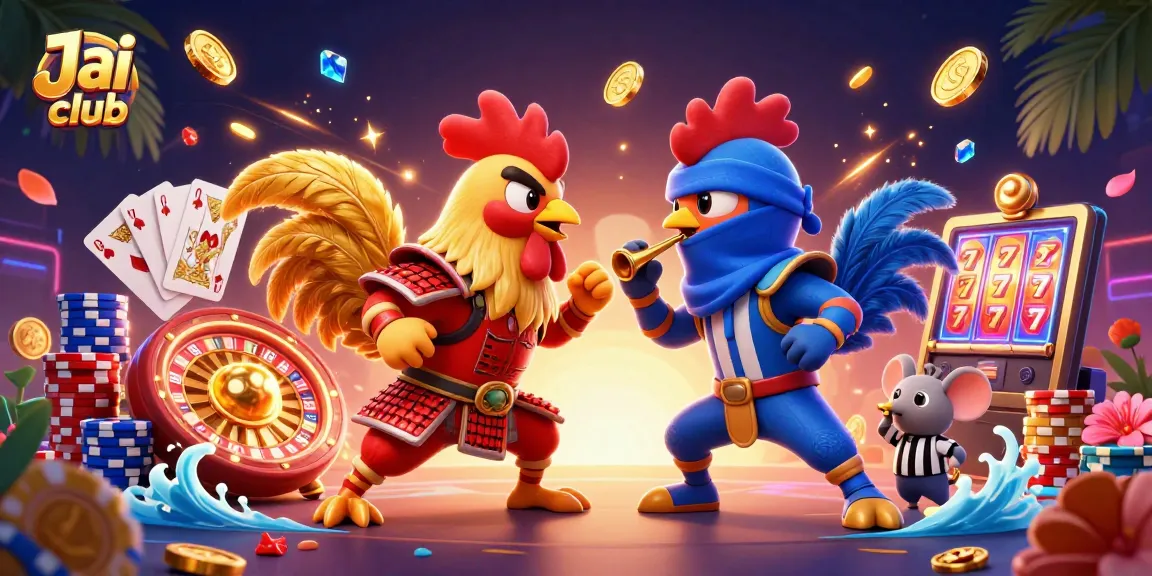 Play exciting games at Jai club with dynamic roosters in dramatic standoff among flying coins and gems.