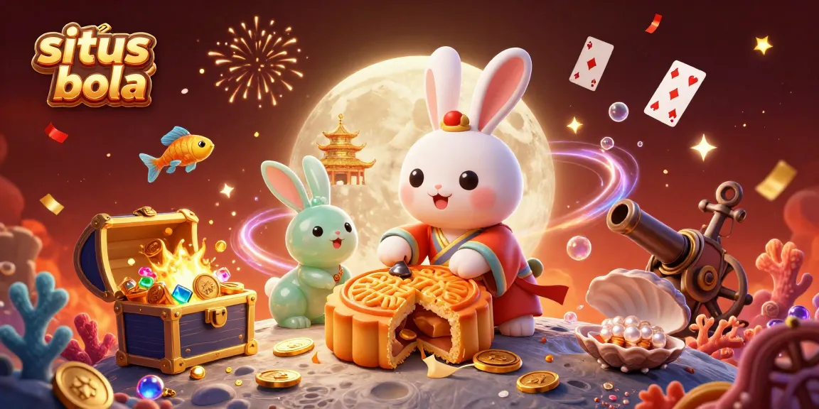 Situs judi bola features a dynamic scene with a moon rabbit revealing poker chips, surrounded by gold coins and festive elements.
