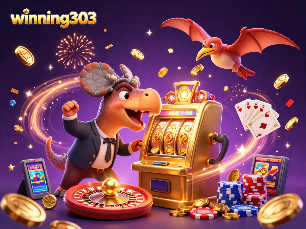 Winning303 jackpot scene with playful dinosaurs and cascading coins.