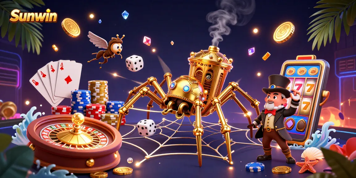 Experience thrilling gameplay at Sunwin with a steampunk spider and vibrant casino elements in 3D.