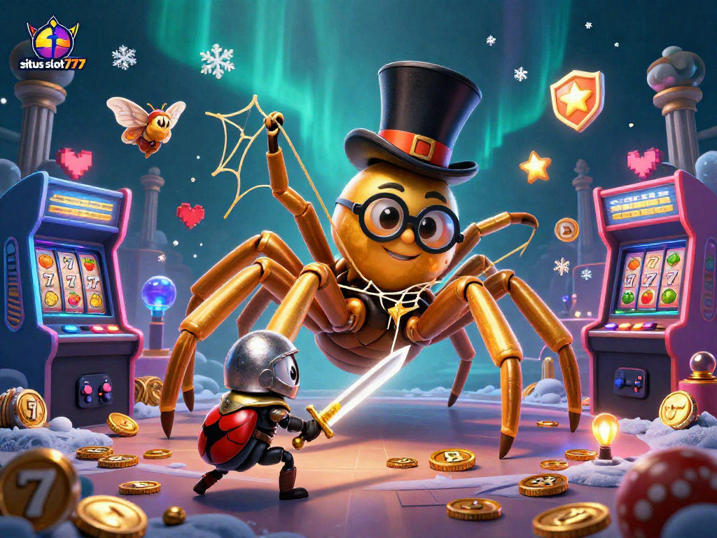 Situs slot777 showcases a vibrant 3D illustration with a golden tarantula, lucky symbols, and dynamic arcade elements.