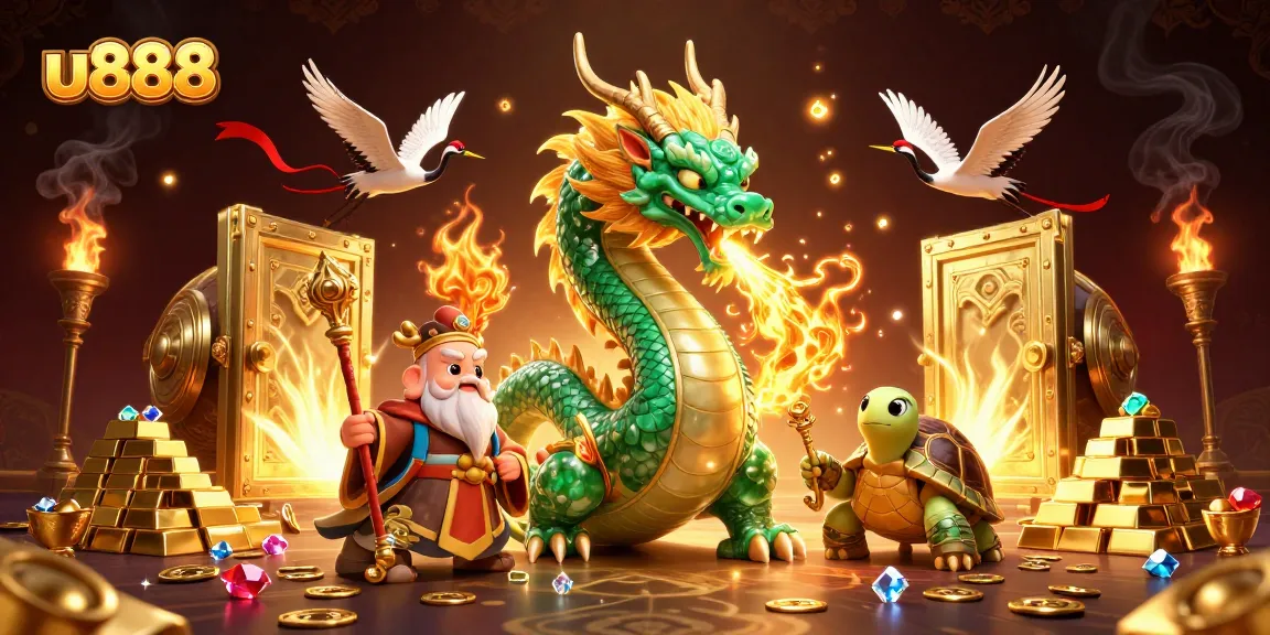 Experience the thrill of u888 with a dynamic scene of dragons, treasures, and casino elements.