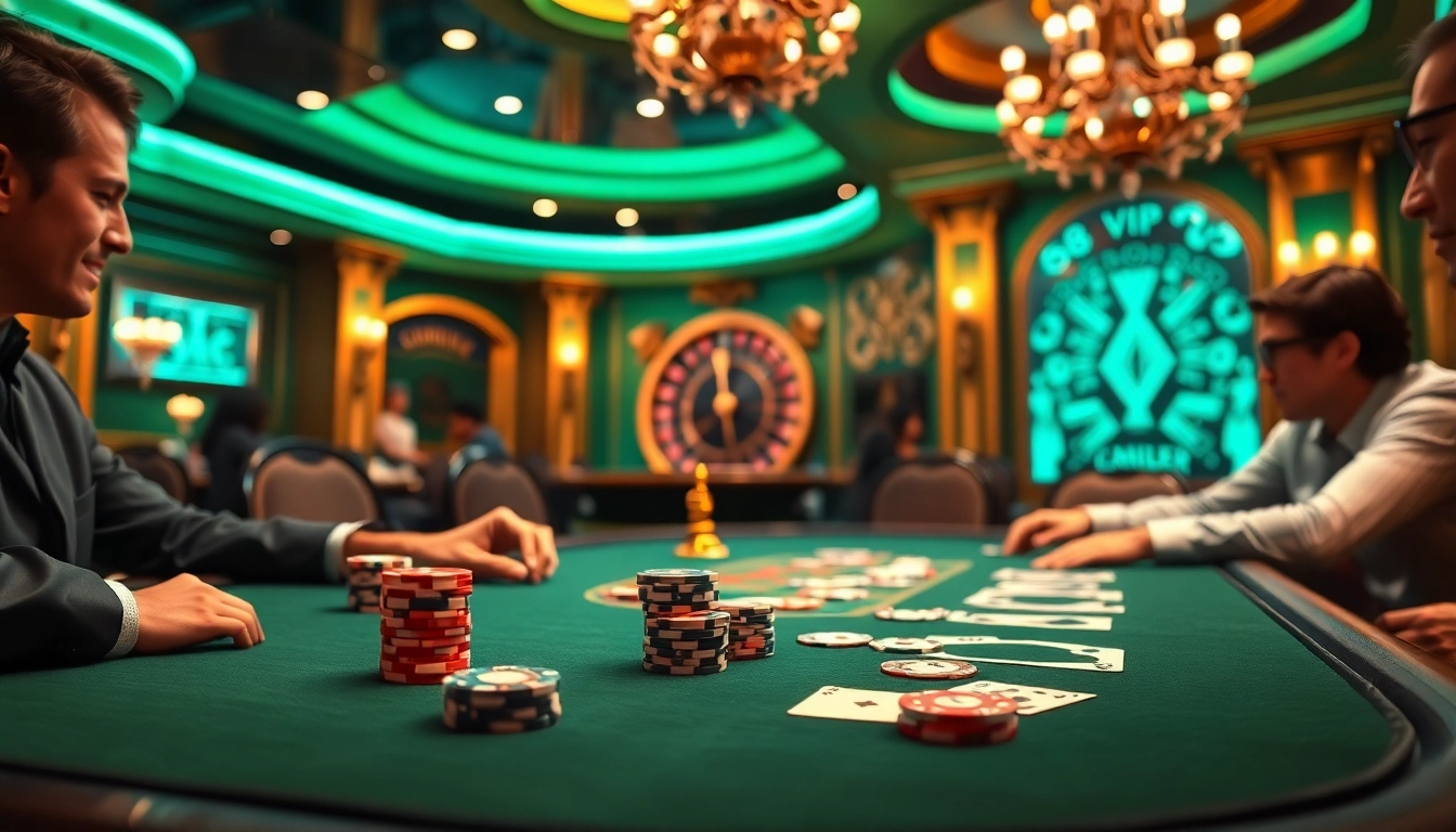 Players enjoying a thrilling poker game at 68VIP Casino, featuring elegant cards and vibrant chips.