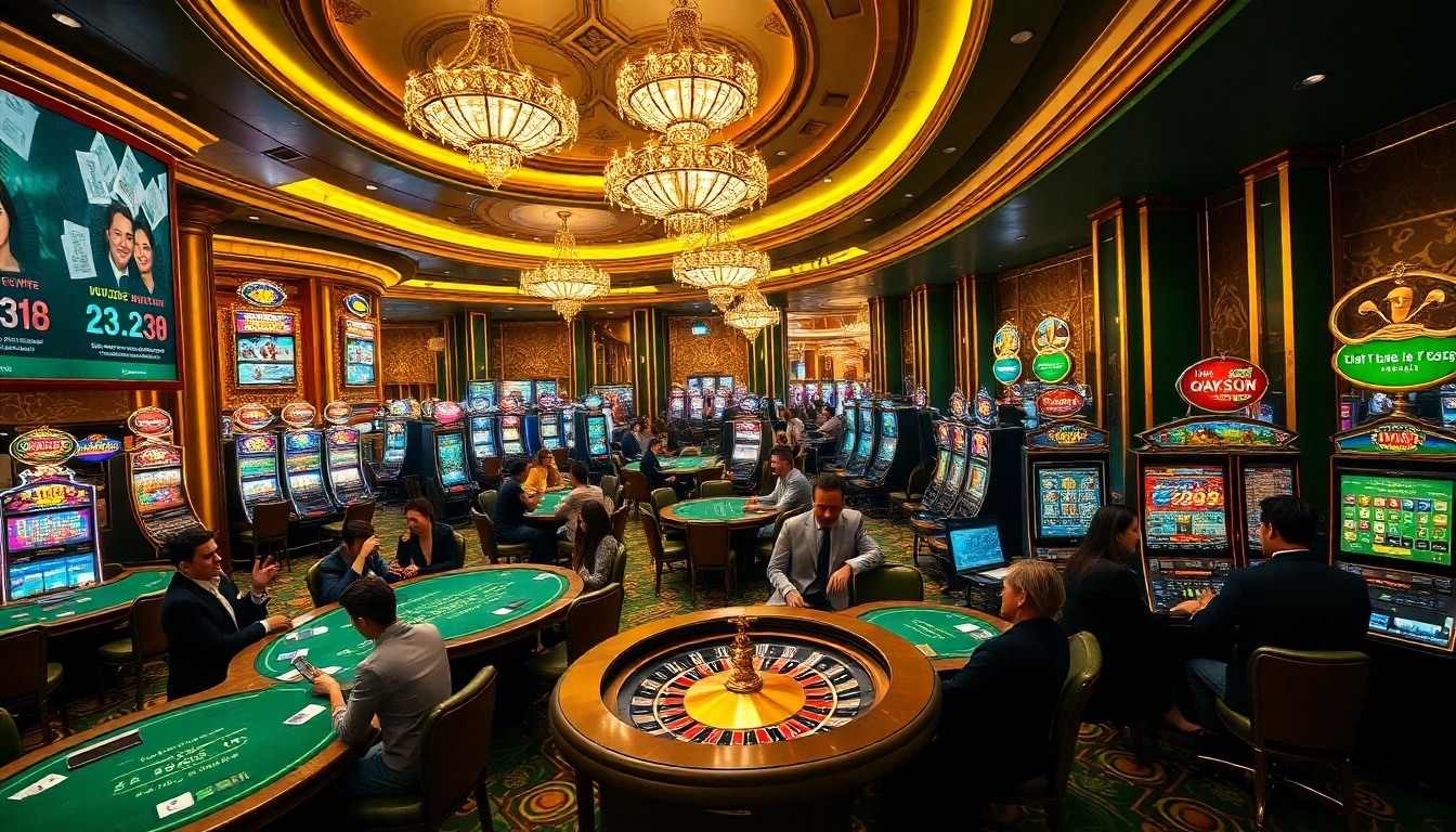 luxury138 players placing bets at high-stakes poker and roulette tables in an upscale casino