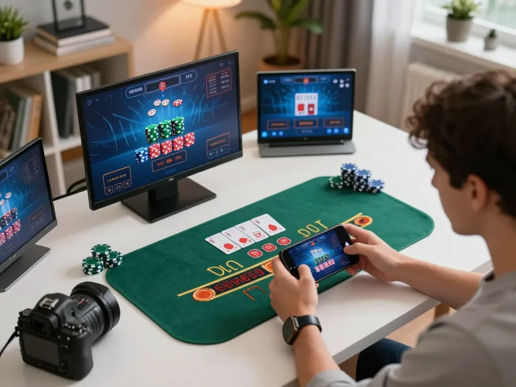 Xocdiavn player focusing on live dealer blackjack game, smartphone and gaming setup in stylish atmosphere.