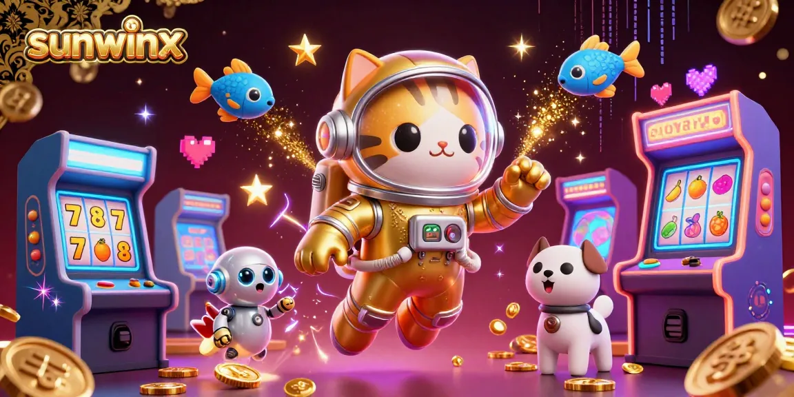 Engage with the vibrant gaming universe of sunwinx, featuring an astronaut cat amidst colorful slot elements.