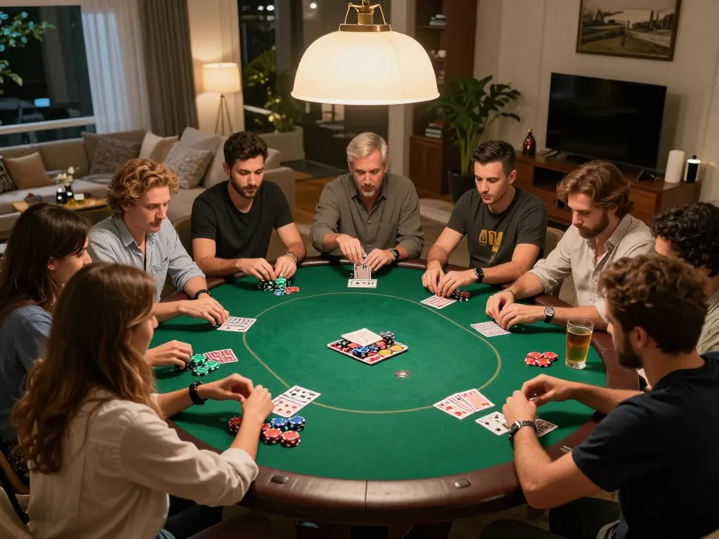 Friends enjoying a poker game at home, highlighting strategic moments at Jun88.