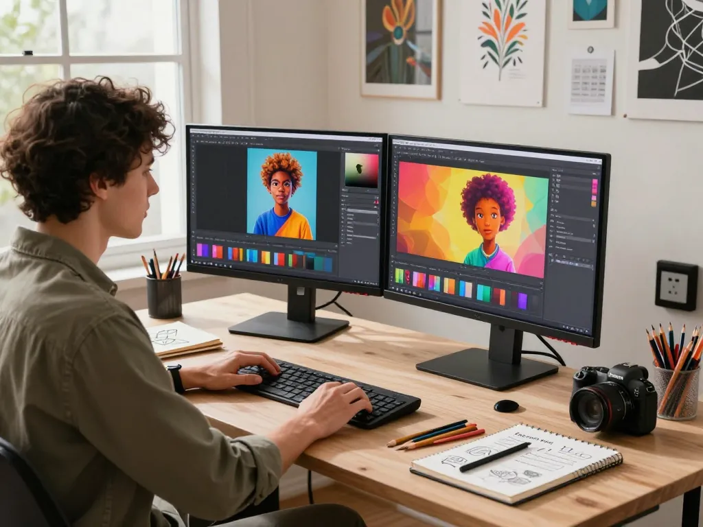 Digital artist using nano banana 2 AI image editor in an inspiring workspace, showcasing creative tools and vibrant designs.