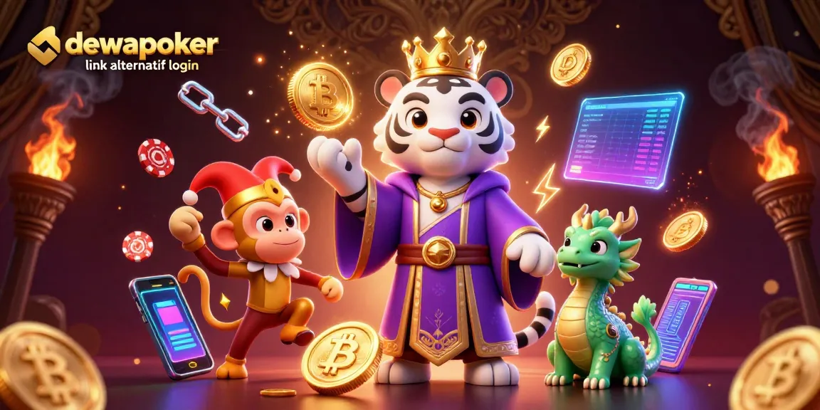 Dewapoker link alternatif login showcases a vibrant casino scene with a white tiger, monkey, and jade dragon celebrating poker.
