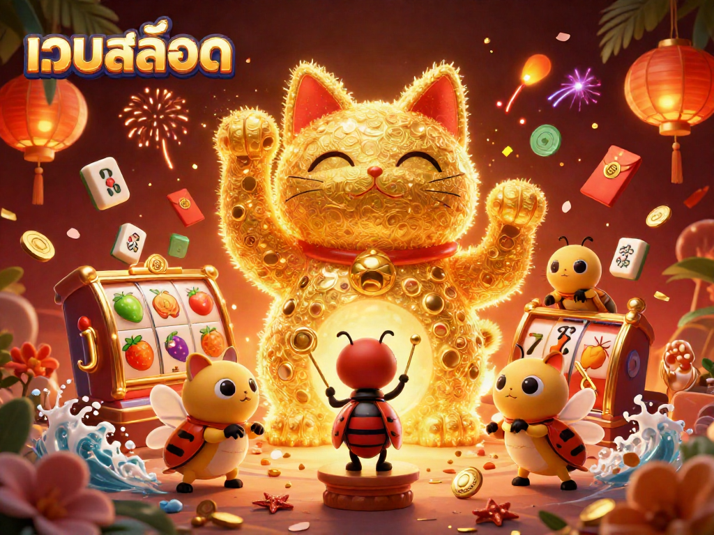 Engage in เว็บสล็อต excitement with dynamic 3D casino illustration featuring a lucky cat and vibrant symbols.