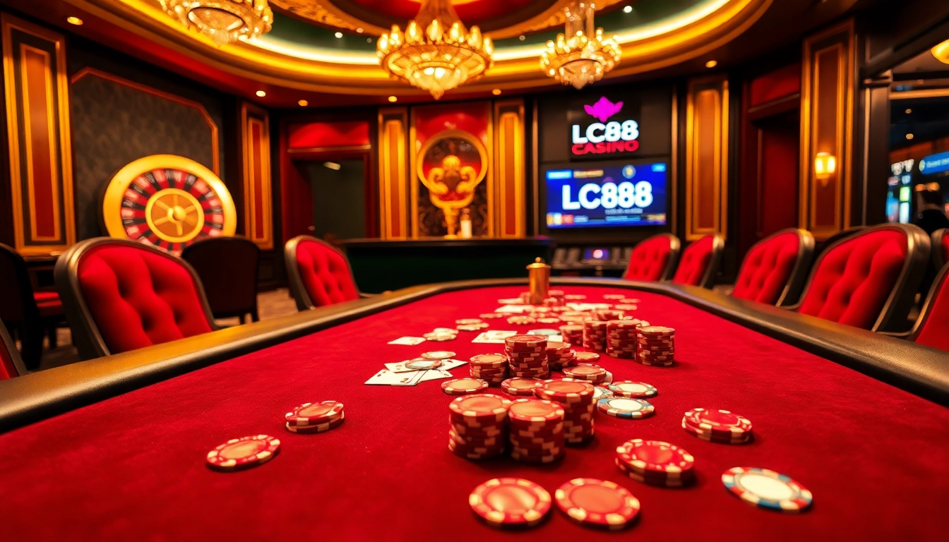 LC88 Casino showcases an exciting poker game with colorful chips and cards, inviting high-stakes players.