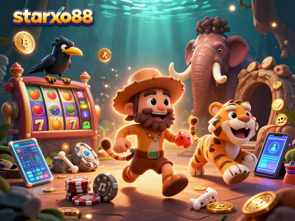 Experience thrilling gameplay at starxo88 with slot reels, neon coins, and energetic prehistoric characters.