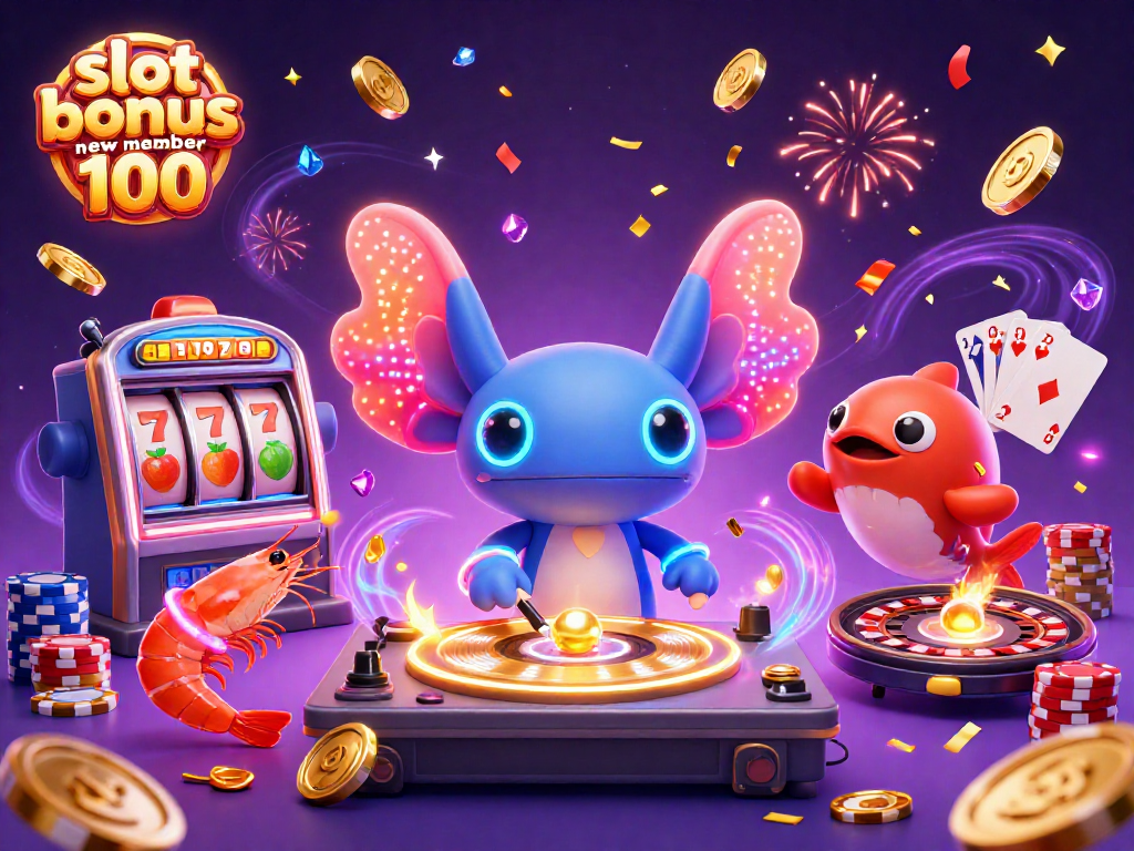 Spin and win with slot bonus new member 100 in the vibrant casino scene featuring lively characters.