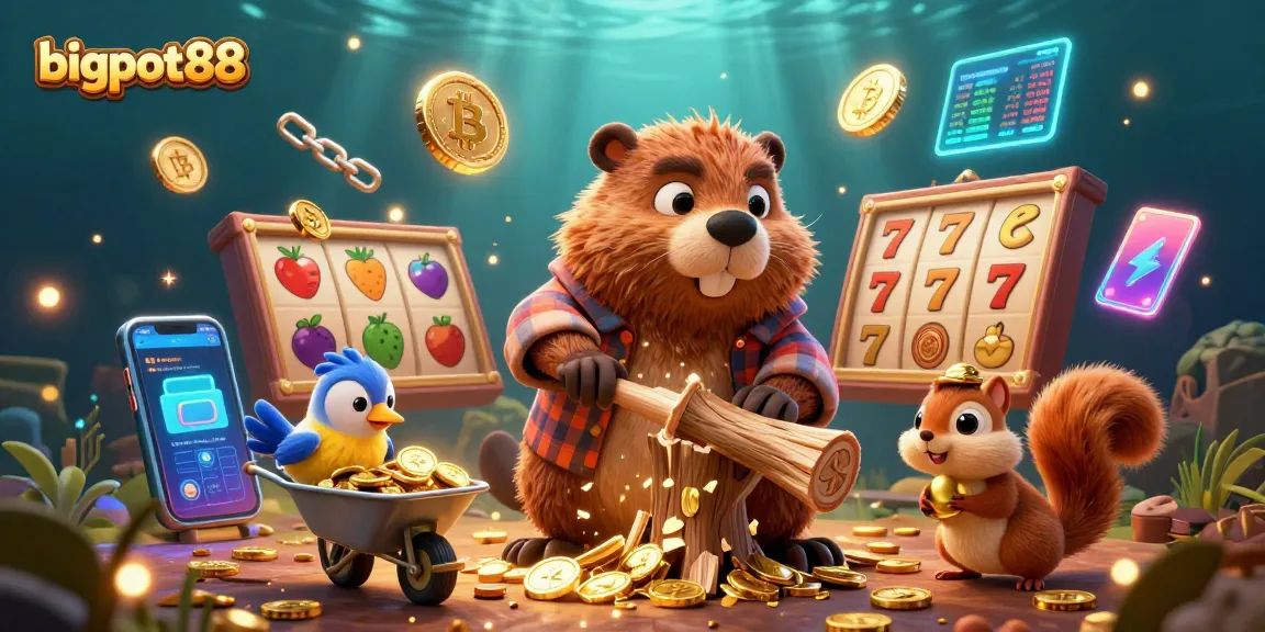 Experience jackpots with bigpot88 as a lumberjack beaver collects coins in this dynamic 3D casino scene.