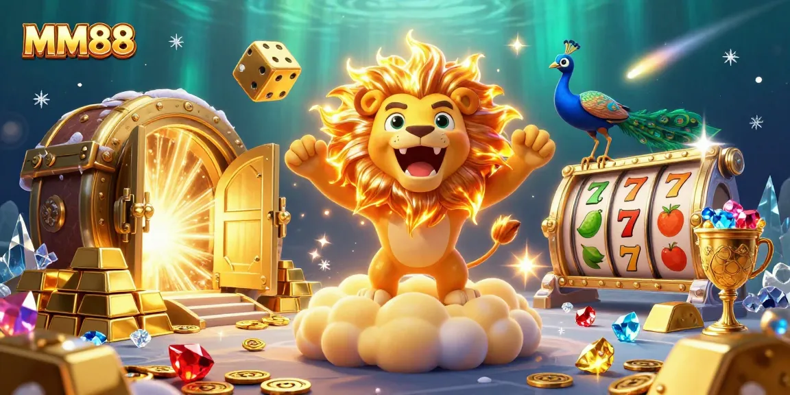 Experience exciting gameplay at MM88 with vibrant casino elements and a cartoon sun lion.