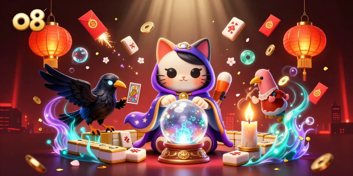 Engage at o 8 with vibrant casino-themed artwork showcasing a mystical cat and games of chance.