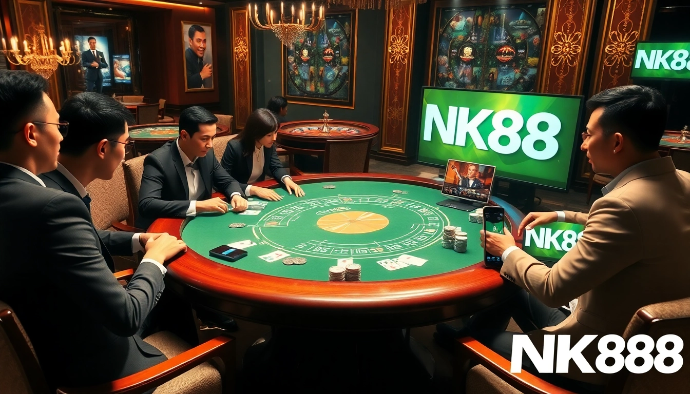 NK88 online casino vibrant poker game showing professional players and glamorous atmosphere