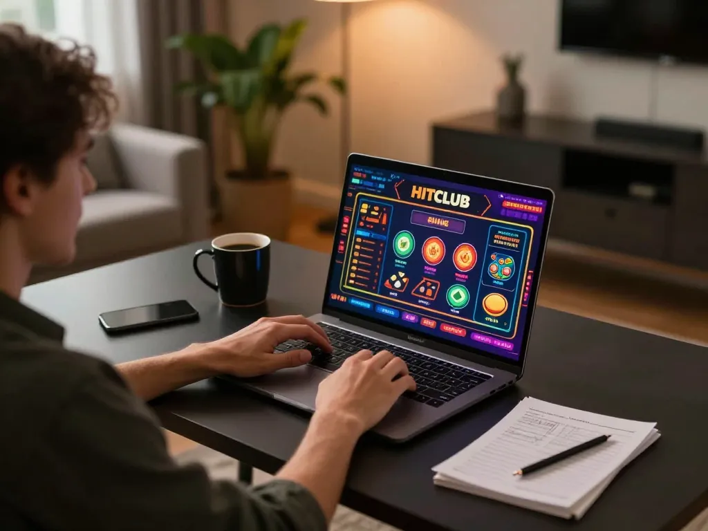 Experience thrilling online gaming on HITCLUB with an immersive laptop setup and cozy ambiance.
