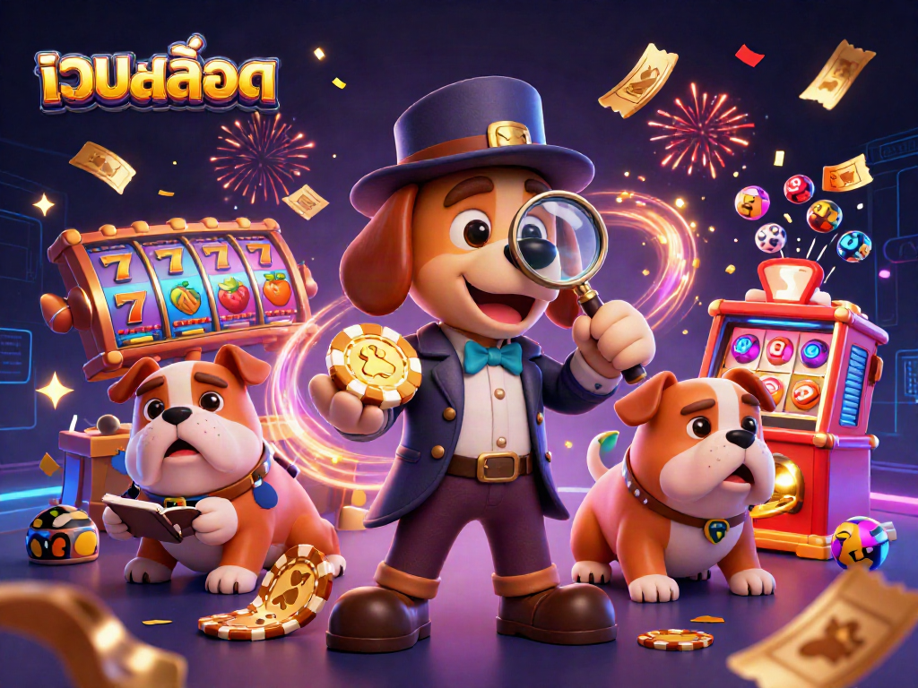 Discover เว็บสล็อต with a detective dog duo exploring exciting slot game clues in a vibrant casino world.